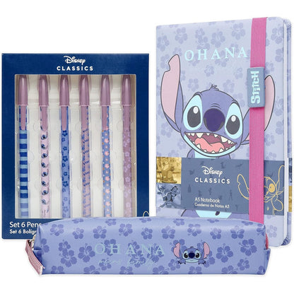 Disney Stitch stationery supplies set front view featuring notebook and pencil case.