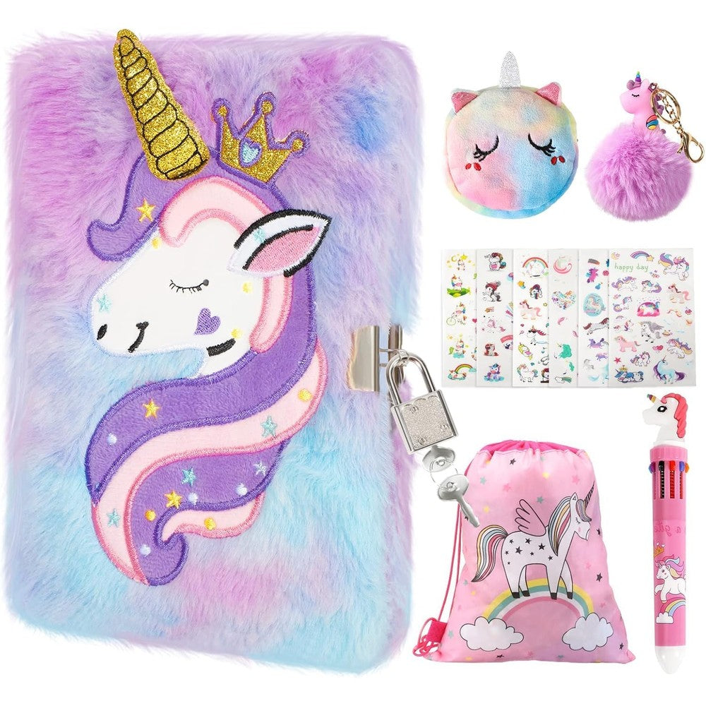 Homicozy kids unicorn diary front view with fuzzy tie-dye cover