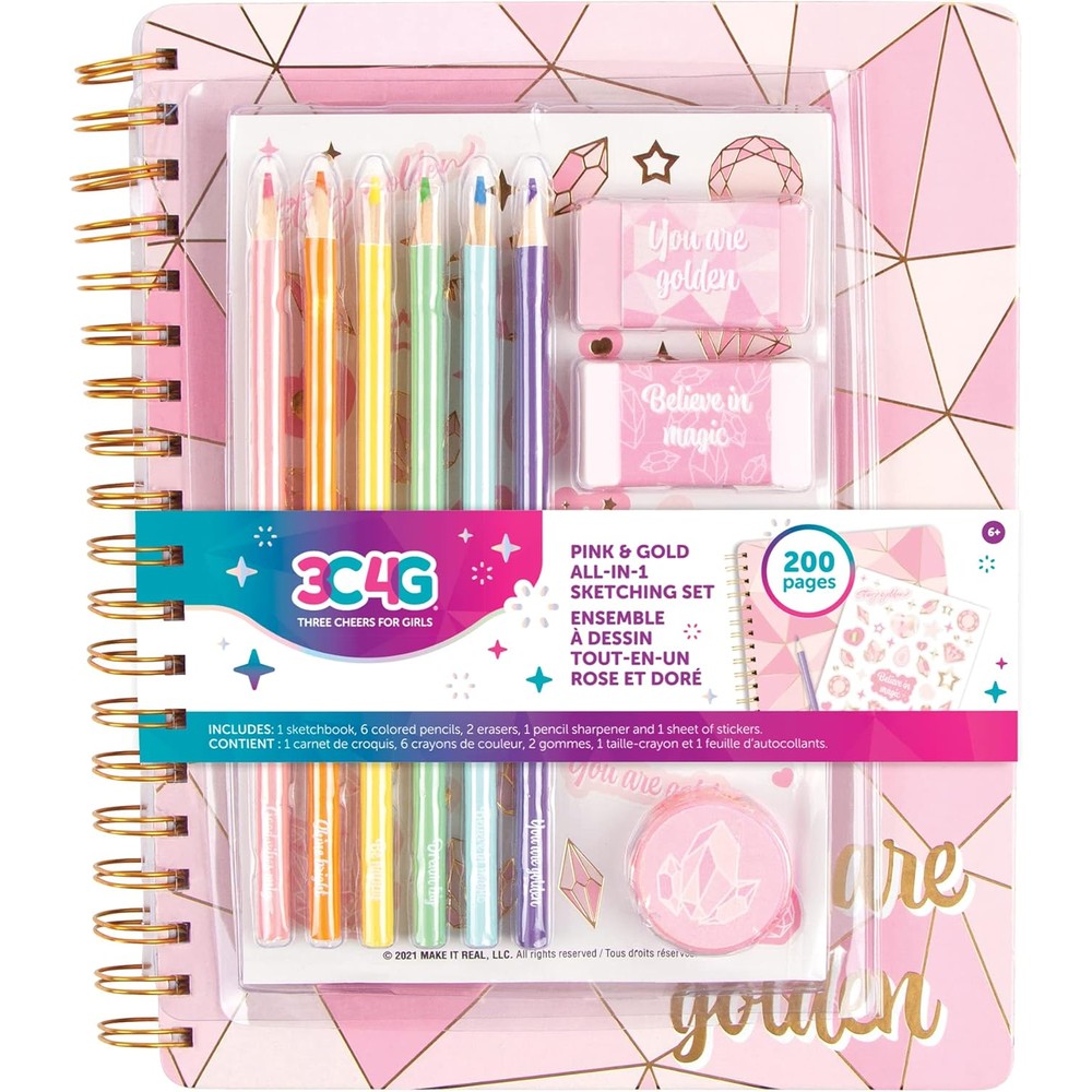 Three Cheers For Girls Pink And Gold All In One Sketchbook Set front view creative drawing kit for kids
