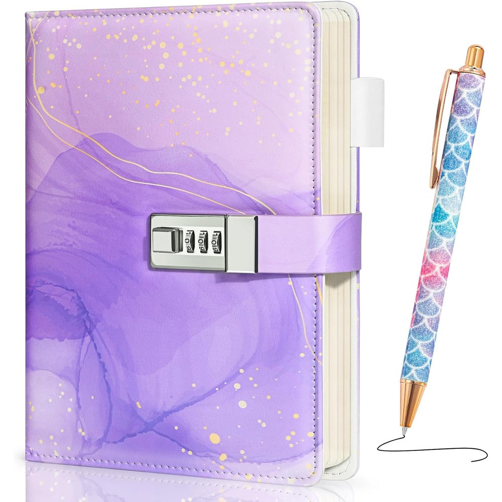 Beadsky A5 diary with lock and purple marbled cover front view.