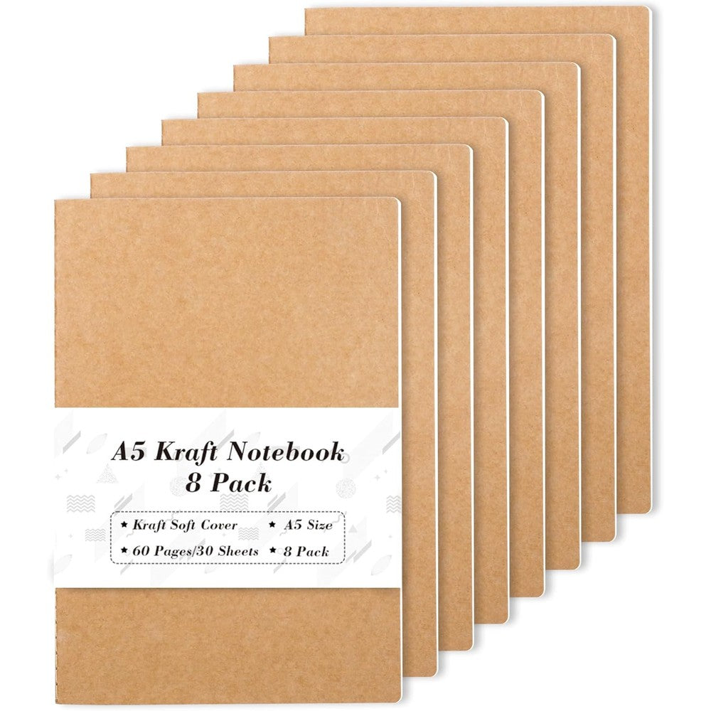 Feela 8 Pack A5 Kraft Notebooks front view stack