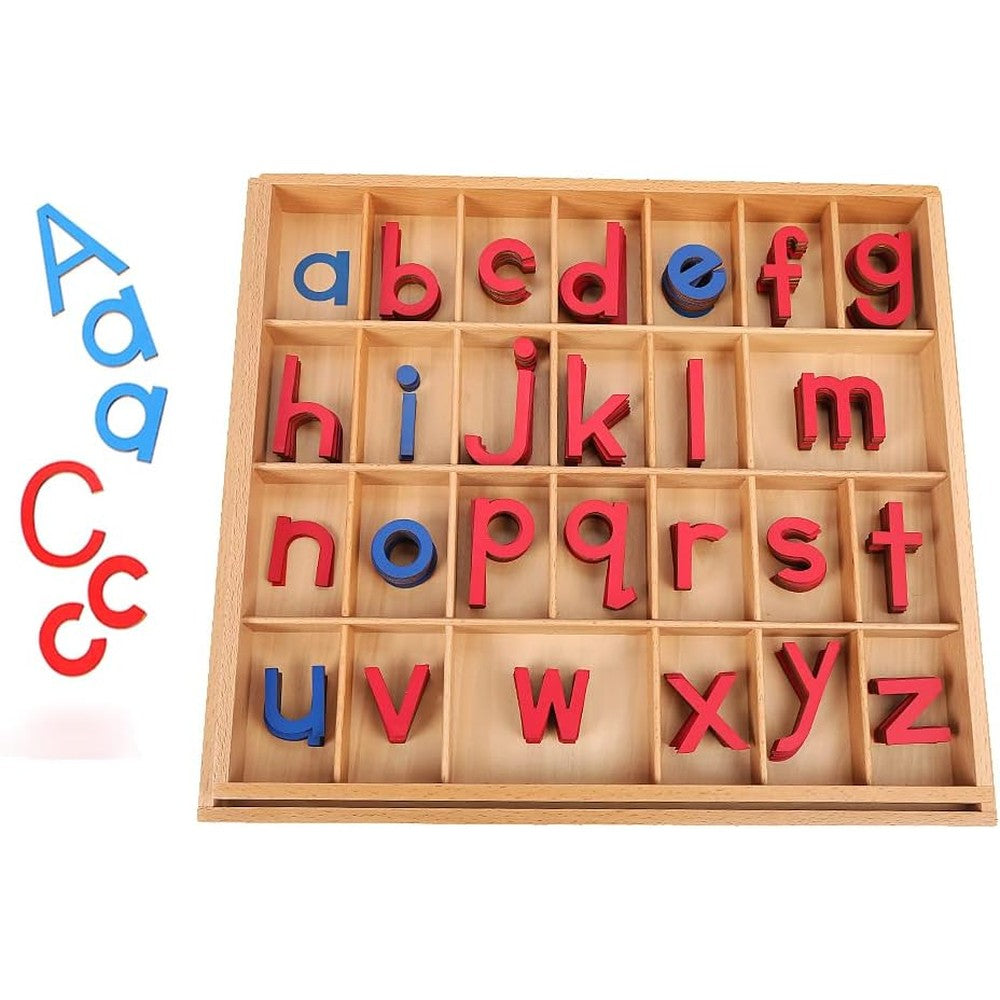 JE JOUE Montessori wooden moveable alphabet set showing red and blue letters inside the compartment box front view