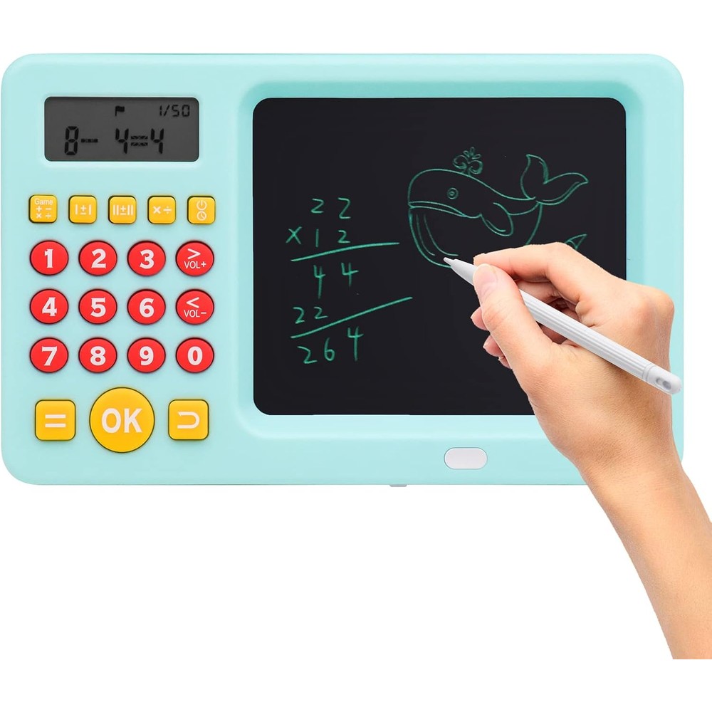 Mannequin kids LCD math learning tablet front view showcasing blue educational toy device with stylus.