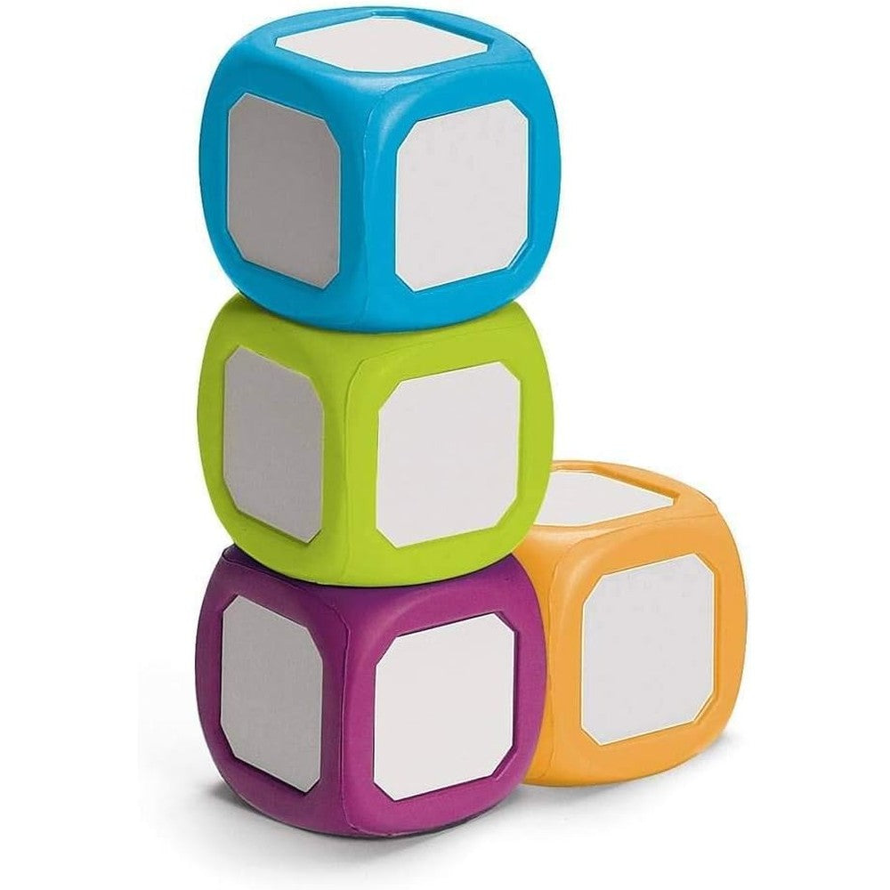 Hand2mind plastic small write-on wipe-off dice front view showing four colorful customizable cubes for learning