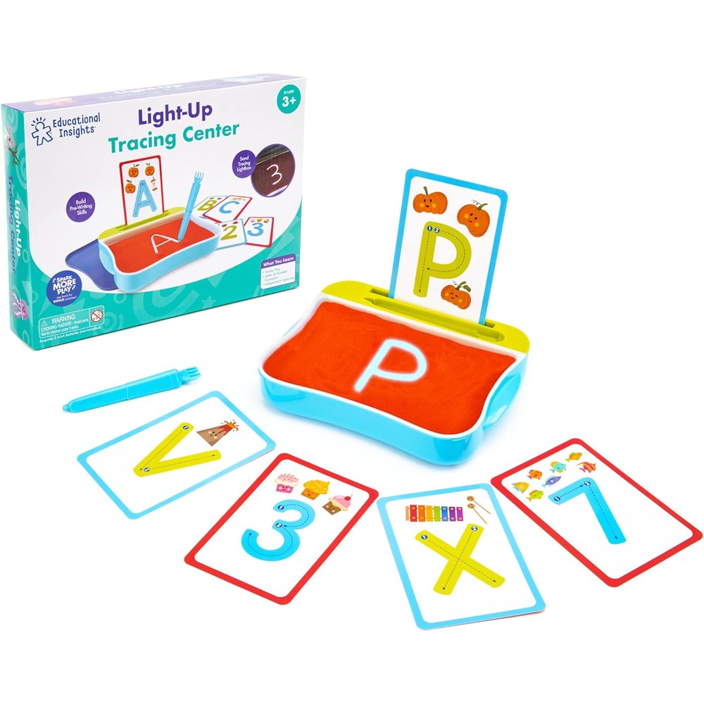 Educational Insights Light-Up Tracing Center front view showing glowing LED sand tablet with stylus
