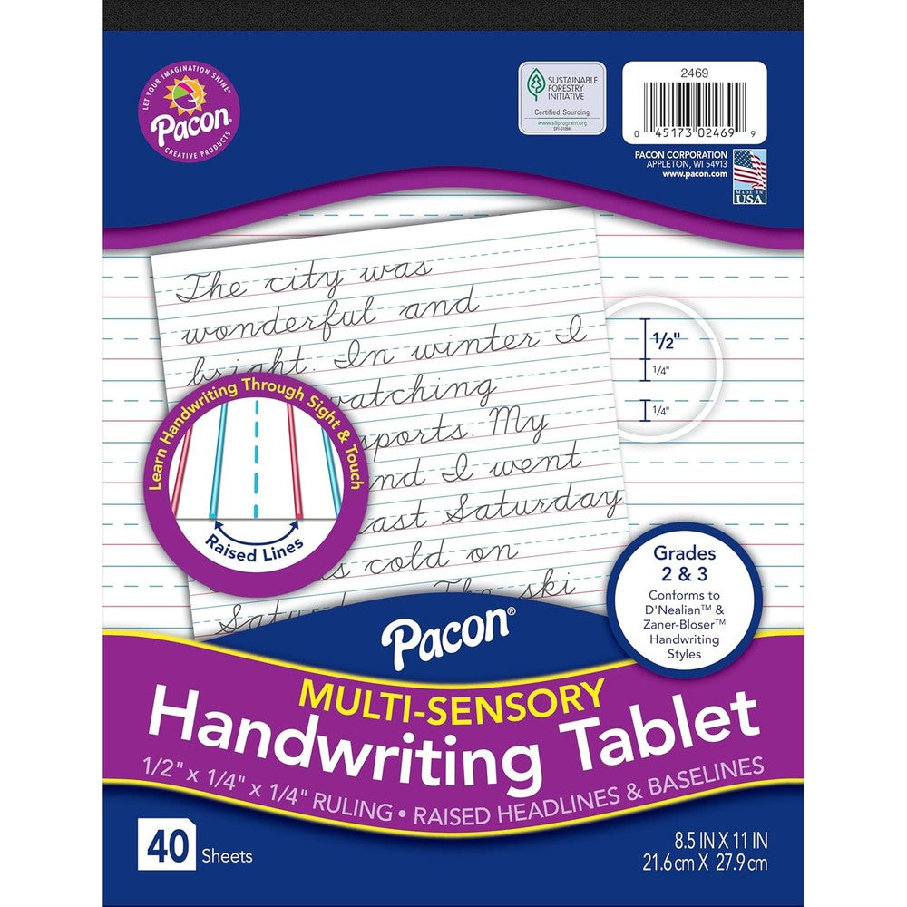 Pacon multi sensory raised ruled handwriting tablet front view showing blue headlines and red baselines for school supplies