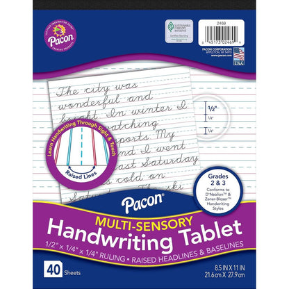 Pacon multi sensory raised ruled handwriting tablet front view showing blue headlines and red baselines for school supplies