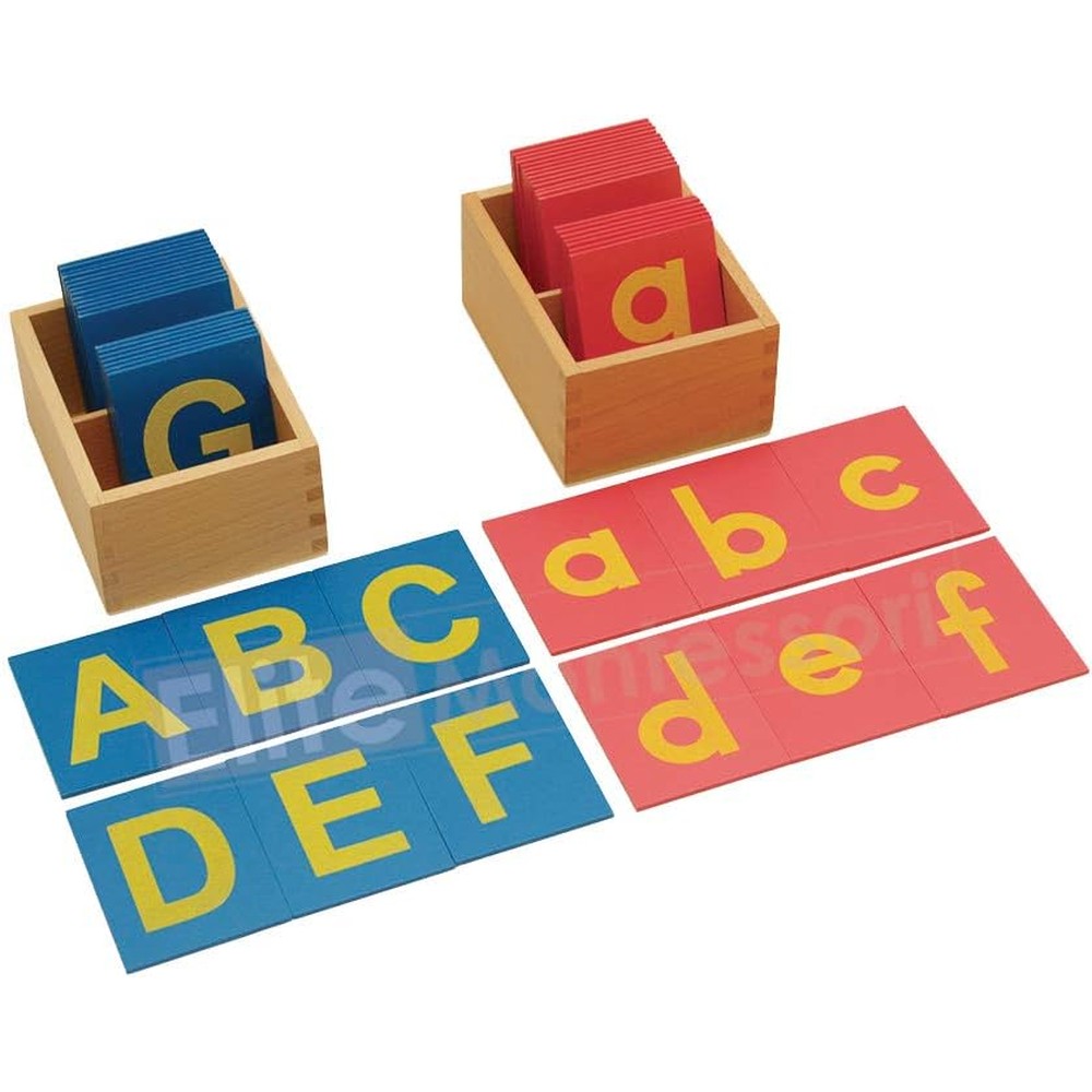 Elite Montessori Sandpaper Letters with Boxes front view of pink lowercase and blue uppercase tracing tiles