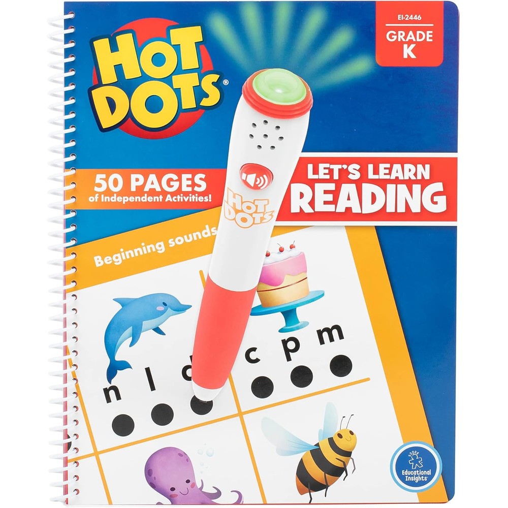 Educational Insights Hot Dots Kindergarten Reading Set front view package showing interactive pen and dolphin workbook cover.
