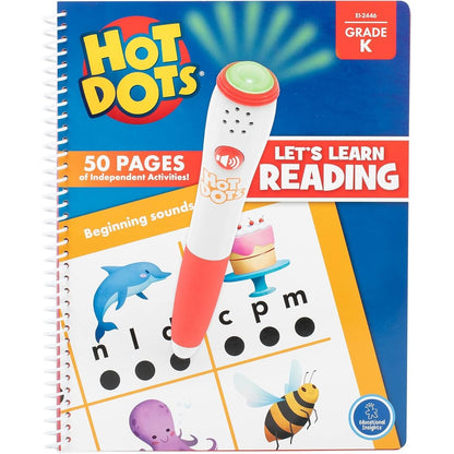 Educational Insights Hot Dots Kindergarten Reading Set front view package showing interactive pen and dolphin workbook cover.