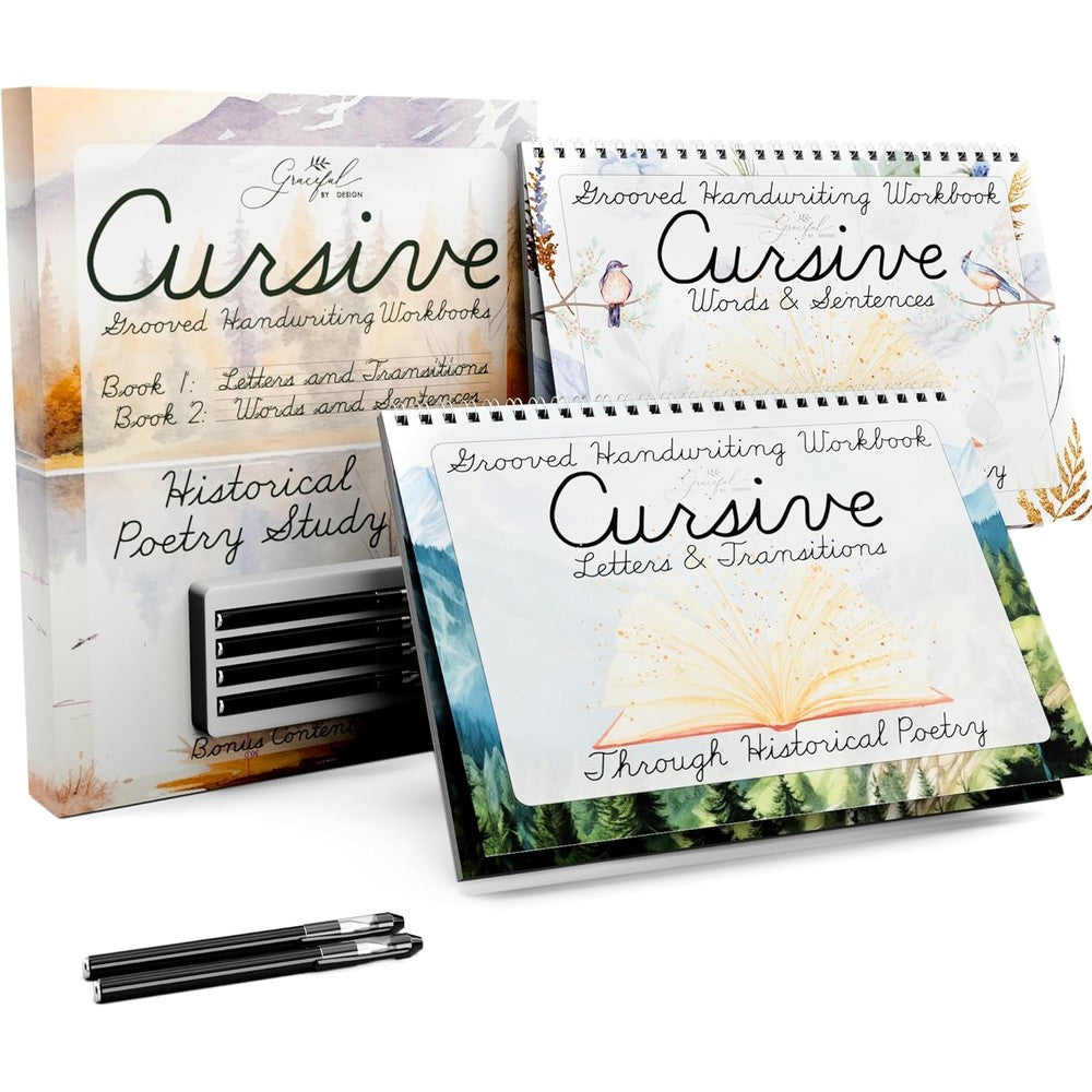 Graceful By Design grooved cursive handwriting workbook front view showcasing the spiral binding and tactile pages.