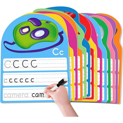 Auchq Alphabet Writing Practice Cards front view showing uppercase and lowercase letter tracing sheets for kindergarten.