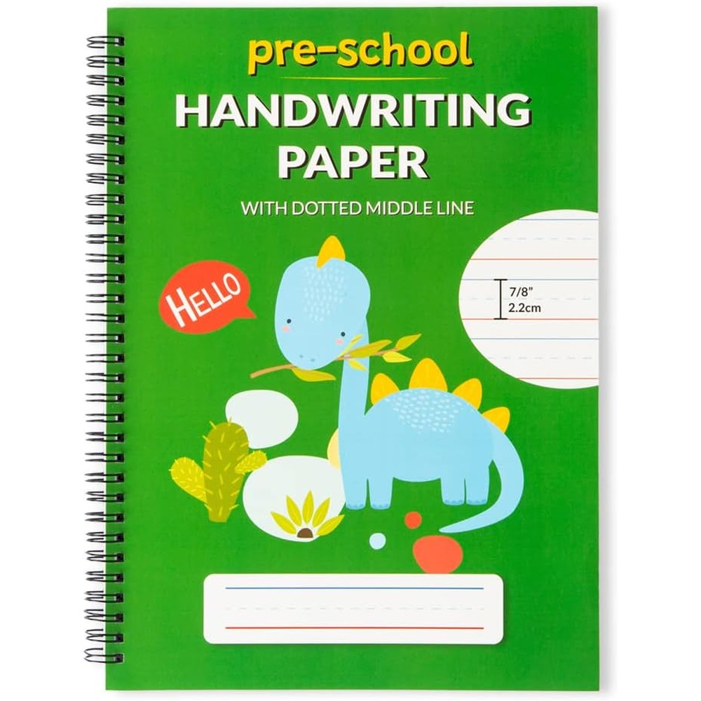 Learning Owl A4 lined handwriting practice notebook front view showing green dinosaur theme cover.