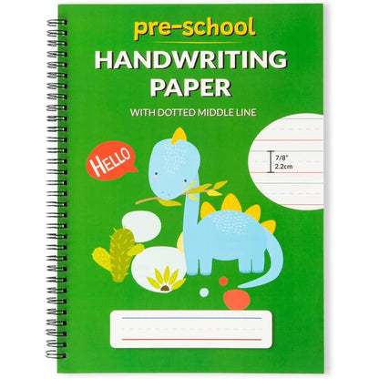 Learning Owl A4 lined handwriting practice notebook front view showing green dinosaur theme cover.