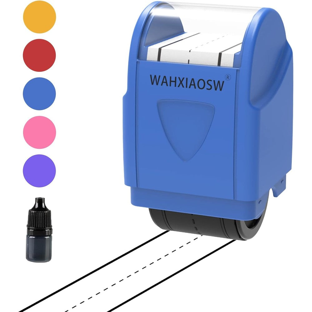 WAHXIAOSW handwriting lines stamp roller front view showing the blue casing and protective lid.
