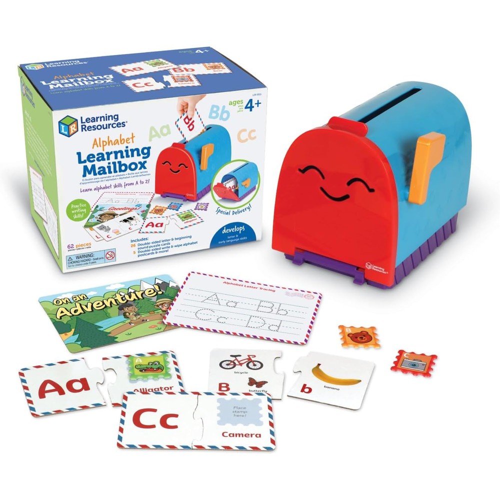 Learning Resources Alphabet Learning Mailbox educational toy front view showing the blue and purple mailbox with a red flag.