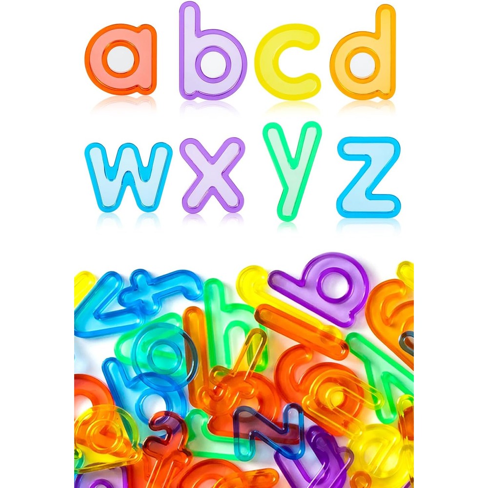 Odoorgames 78 Pcs Translucent Lowercase Letters front view of colorful alphabet learning manipulatives.