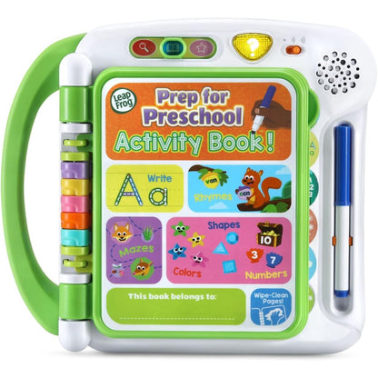 LeapFrog Prep for Preschool Activity Book front view showing green interactive cover and carry handle.