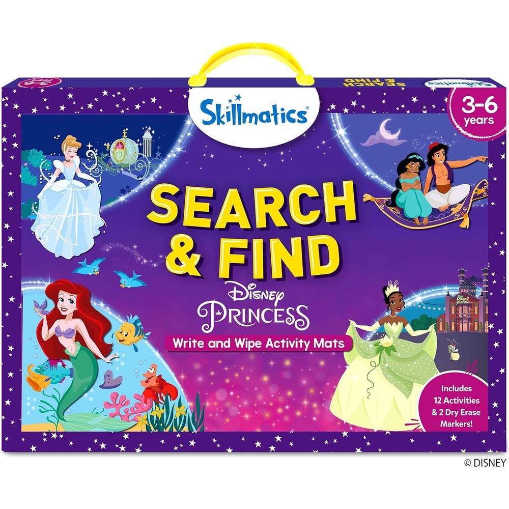 Skillmatics Search and Find Disney Princess Educational Game front packaging view showing reusable activity mats for preschool learning.
