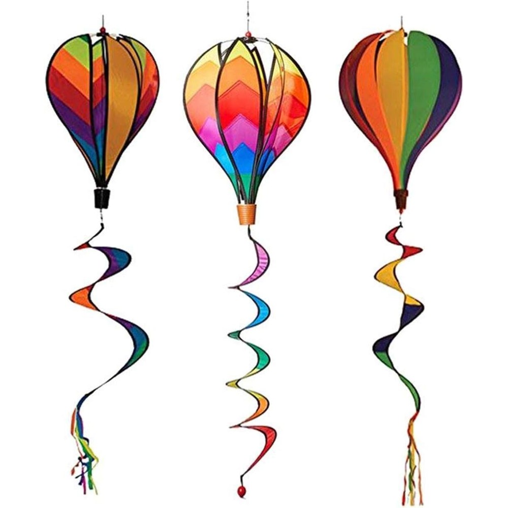 Syhonic 3Pcs Rainbow Hot Air Balloon Wind Spinner front view in garden