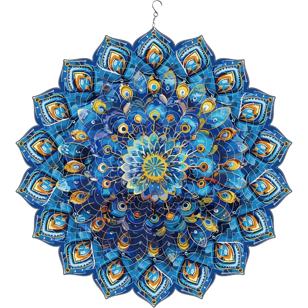 Hukalw Mandala Peacock Wind Spinner 12 inch front view kinetic garden art