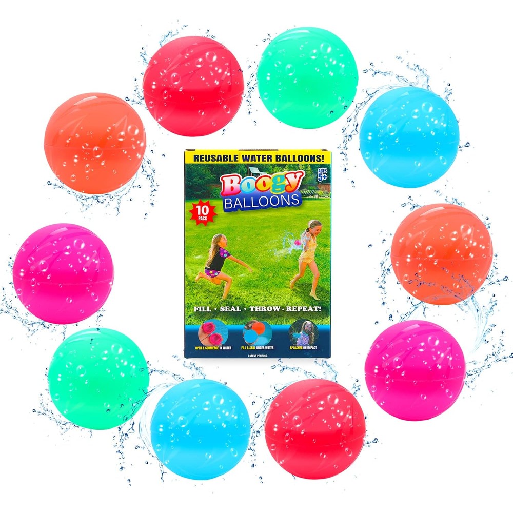 Doohickey reusable water balloons 10 pack front view showing colorful silicone splash balls