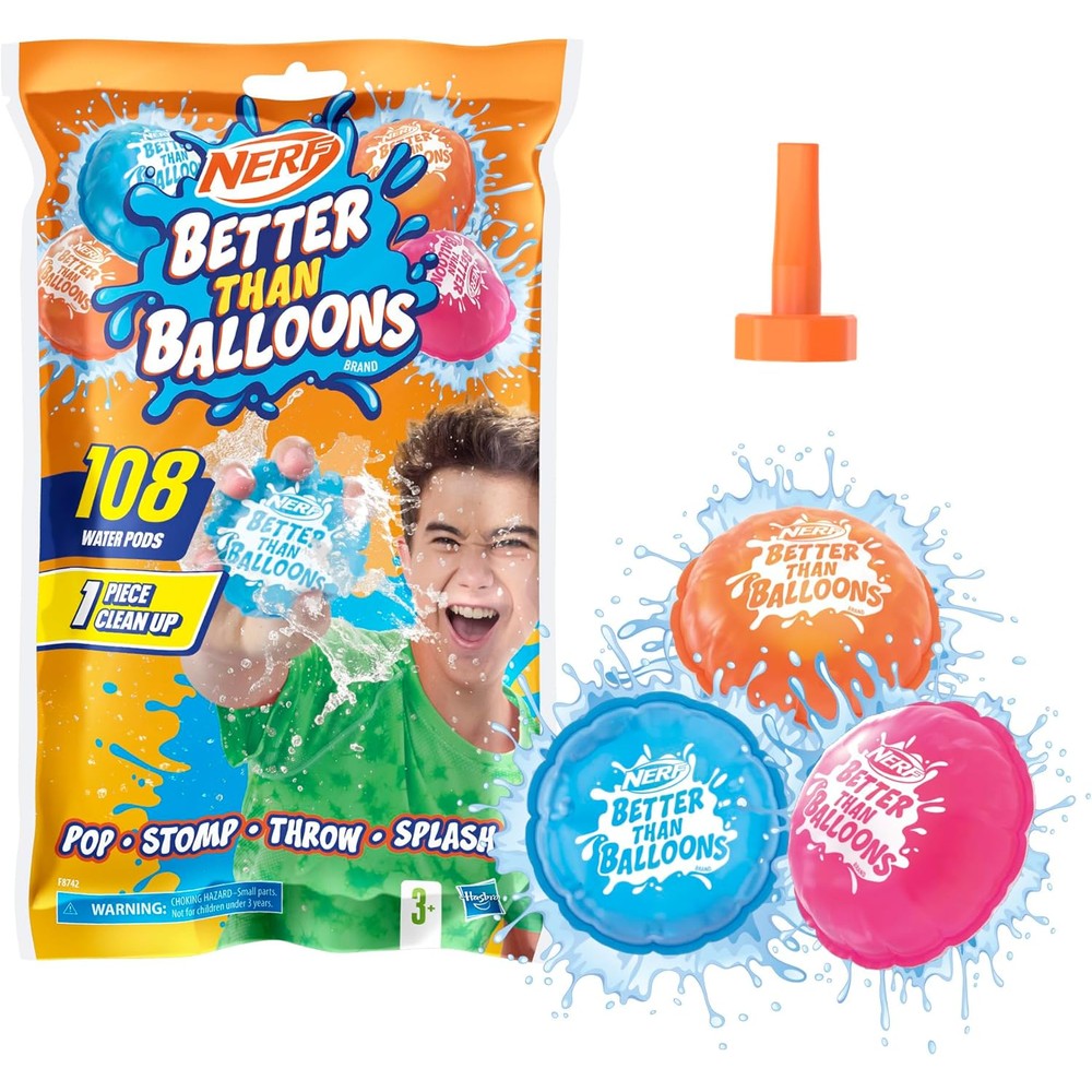 Nerf Better Than Balloons Water Toys front packaging view showcasing the one hundred eight mess free outdoor pods.
