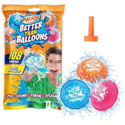 Nerf Better Than Balloons Water Toys front packaging view showcasing the one hundred eight mess free outdoor pods.
