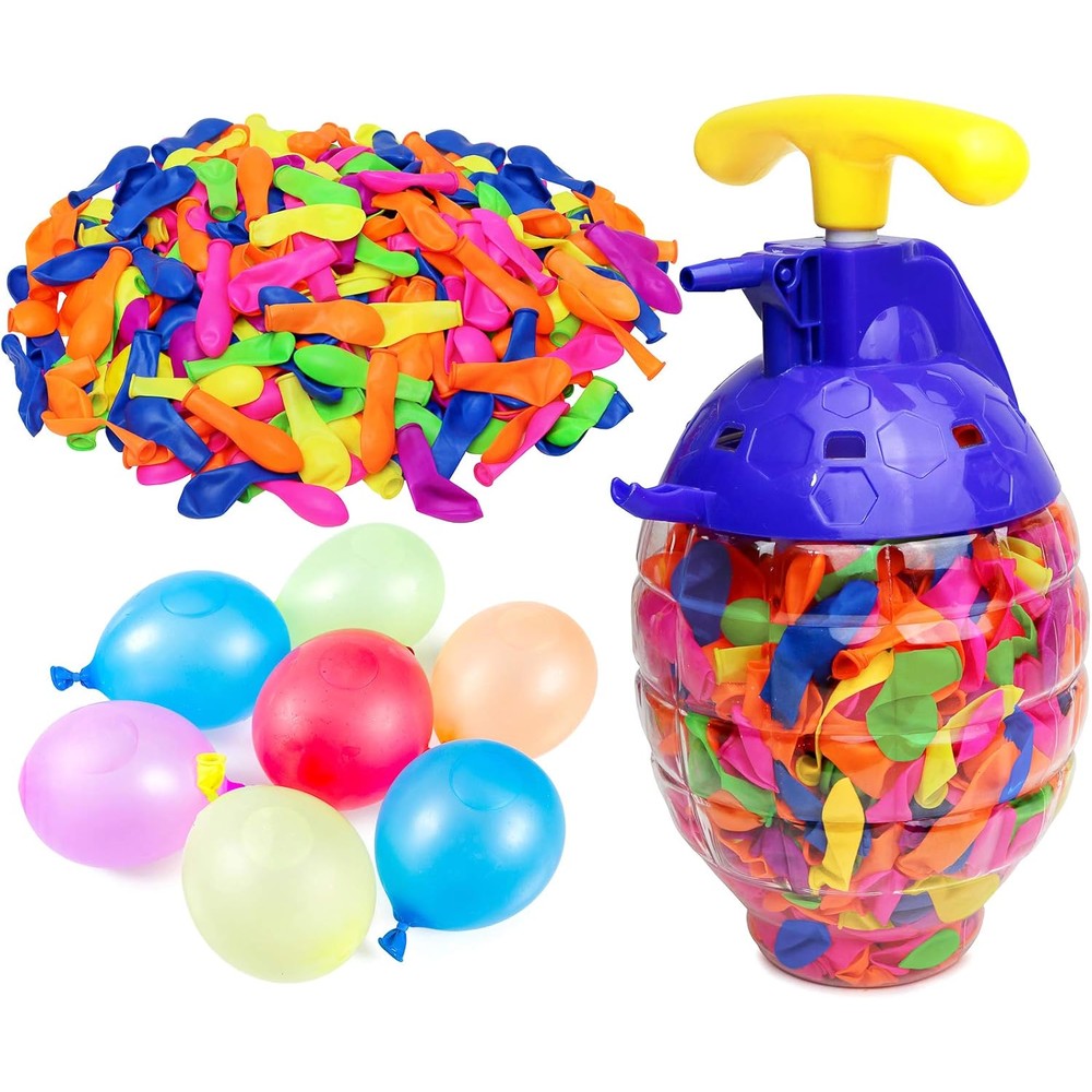 Kiddie Play water balloons with filler pump front view showing blue one gallon tank and assorted color latex balloons
