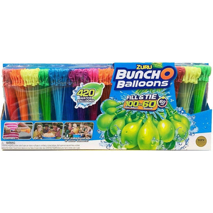 ZURU Bunch O Balloons 420 Count pack front view showcasing colorful rapid fill water balloons stems