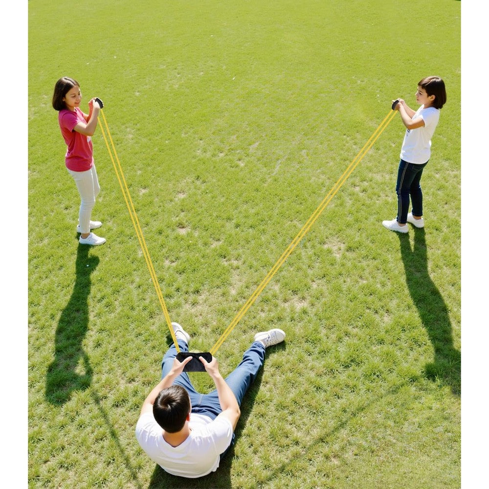 XIOQINE Ultimate Water Balloon Launcher front view of the yellow three person outdoor slingshot pouch