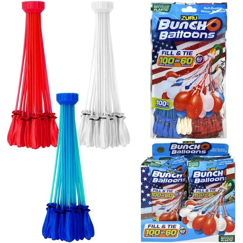 ZURU Bunch O Balloons Rapid Fill Water Balloons front view packaging showcasing the red white and blue self sealing bunches.