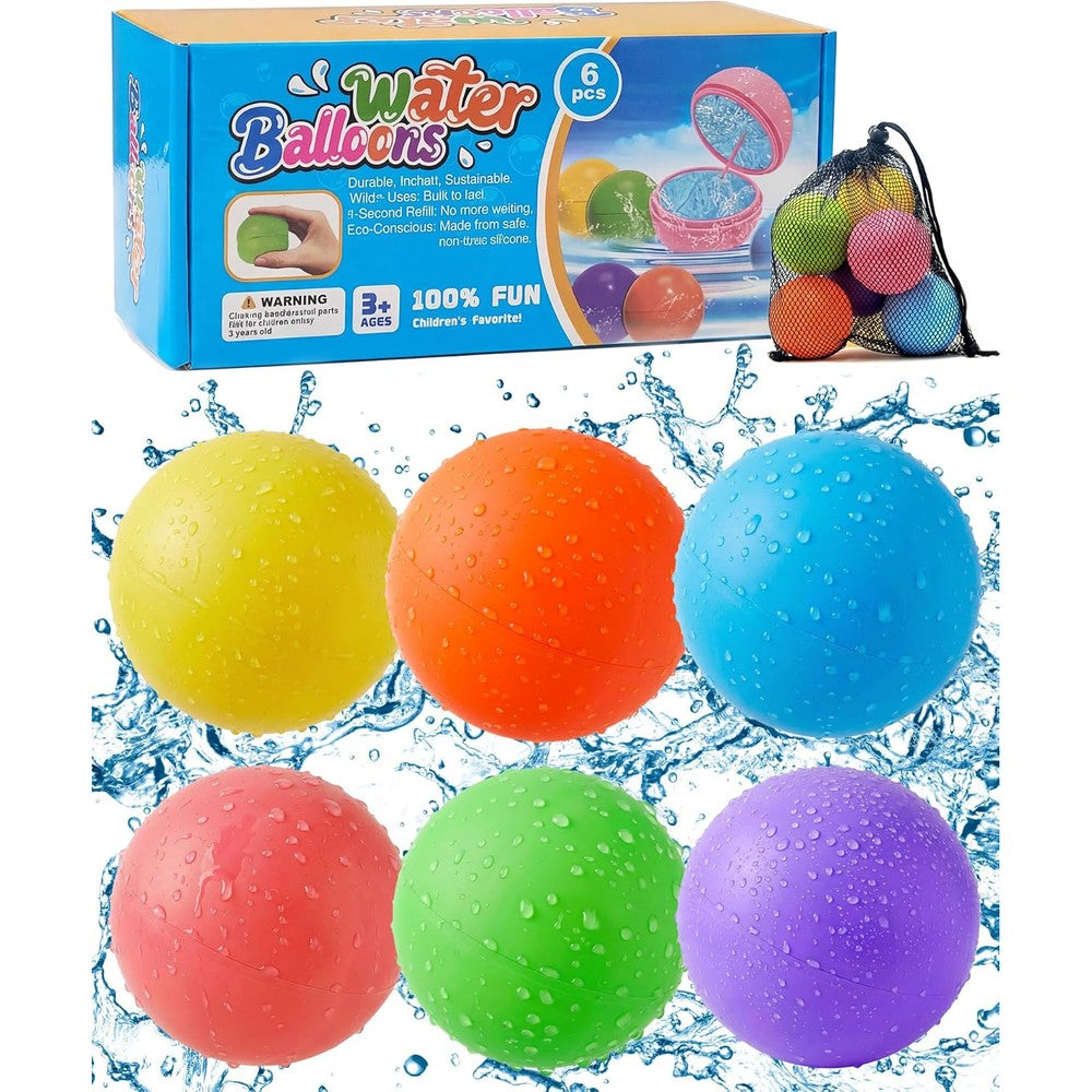 Cozycharm reusable water balloons six pieces front view showcasing vibrant summer splash balls for kids.