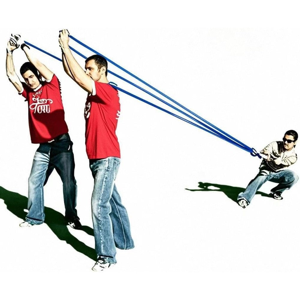TiMi Tree heavy duty water balloon launcher front view showing blue elastic tubing and launch pouch