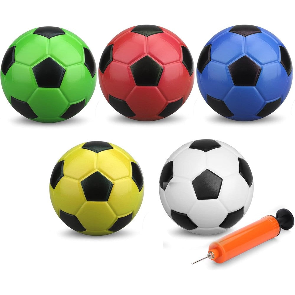 Umnodobn mini soccer ball set front view showing five classic paneled colorful balls with pump