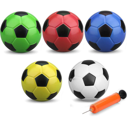 Umnodobn mini soccer ball set front view showing five classic paneled colorful balls with pump