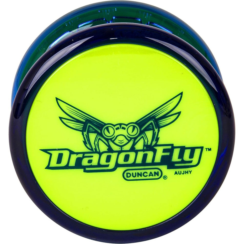Duncan Dragonfly Yo-Yo blue body with bright green side cap front view