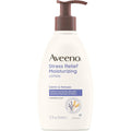 Aveeno Stress Relief Moisturizing Body Lotion 12 Fluid Ounce front view bottle showcasing lavender scent and prebiotic oat