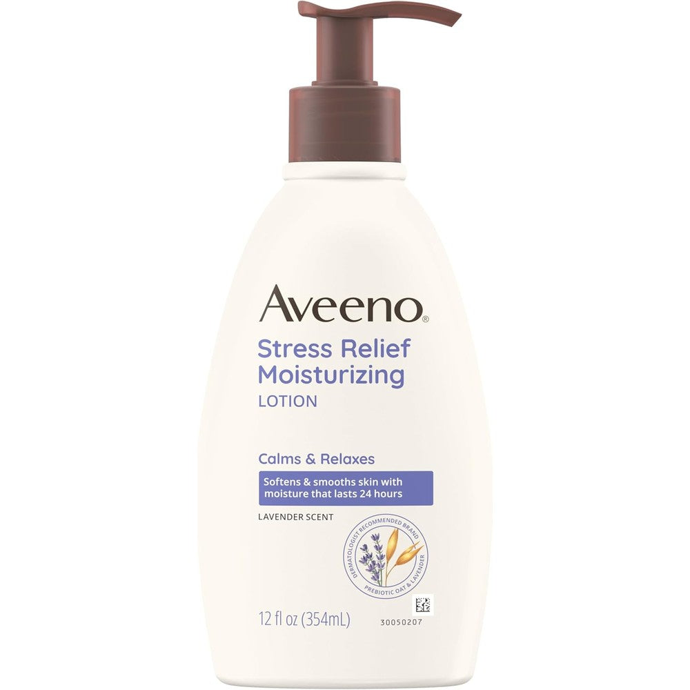 Aveeno Stress Relief Moisturizing Body Lotion 12 Fluid Ounce front view bottle showcasing lavender scent and prebiotic oat
