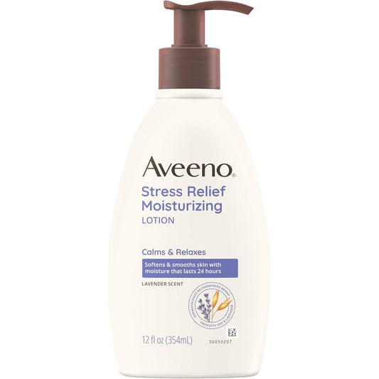 Aveeno Stress Relief Moisturizing Body Lotion 12 Fluid Ounce front view bottle showcasing lavender scent and prebiotic oat
