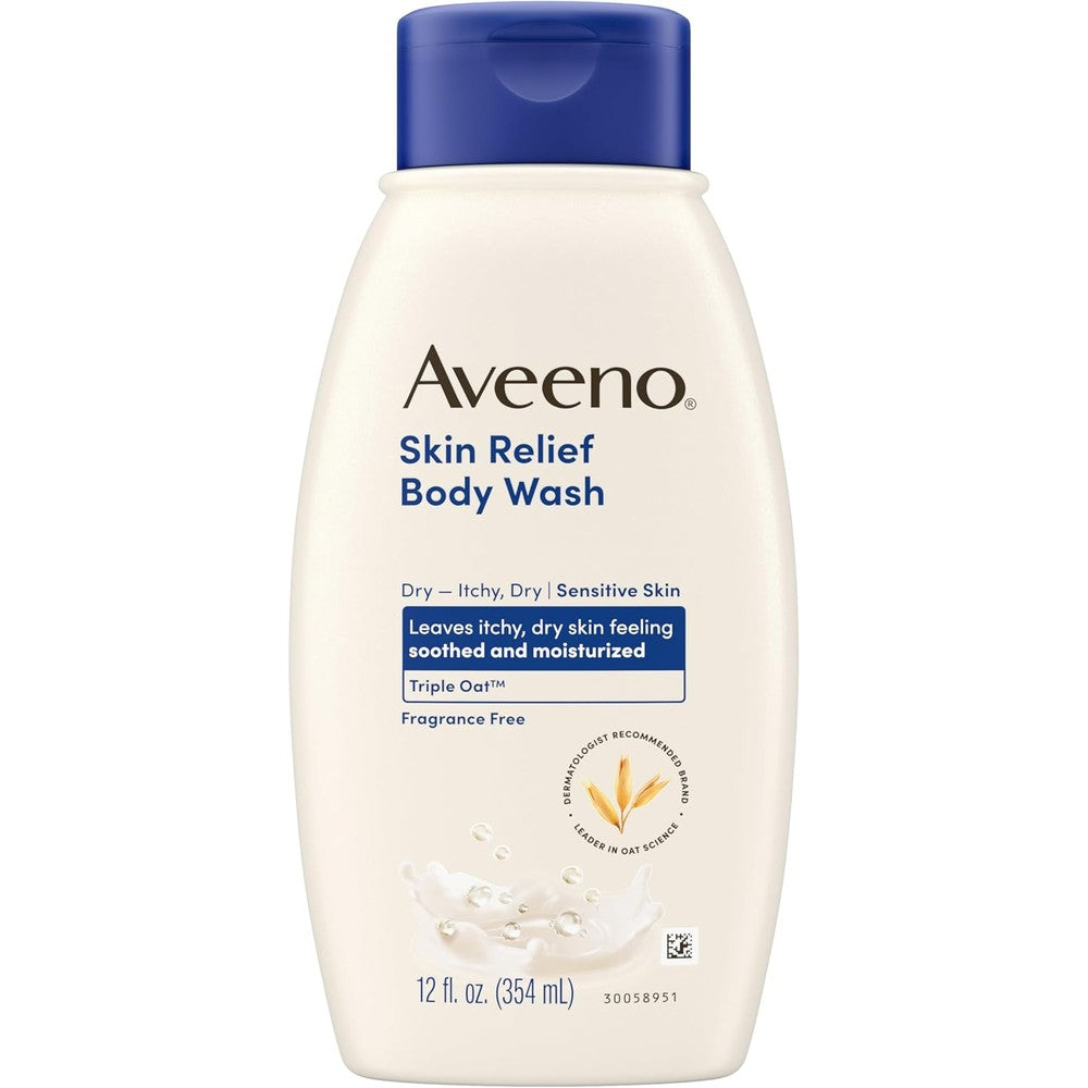 Aveeno Skin Relief Body Wash 12 Fluid Ounce front view bottle showcasing the Triple Oat formula for dry skin.