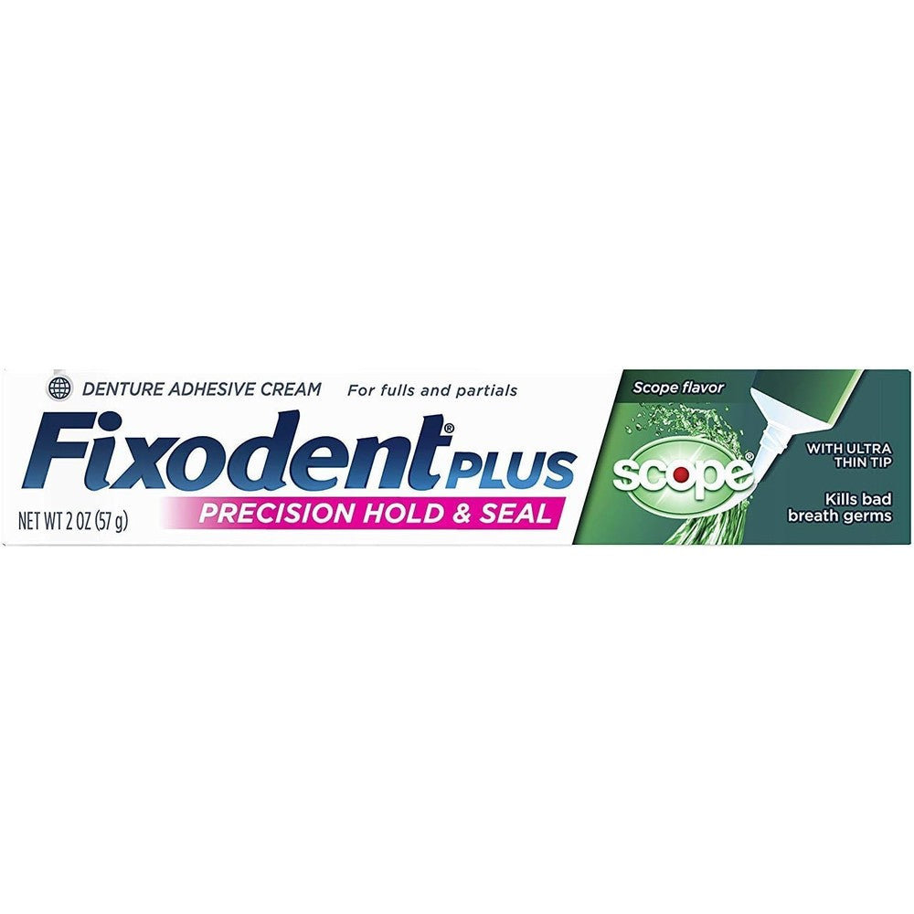 Fixodent Control Plus Scope Denture Adhesive Cream 2 oz precision tip nozzle fresh breath hold