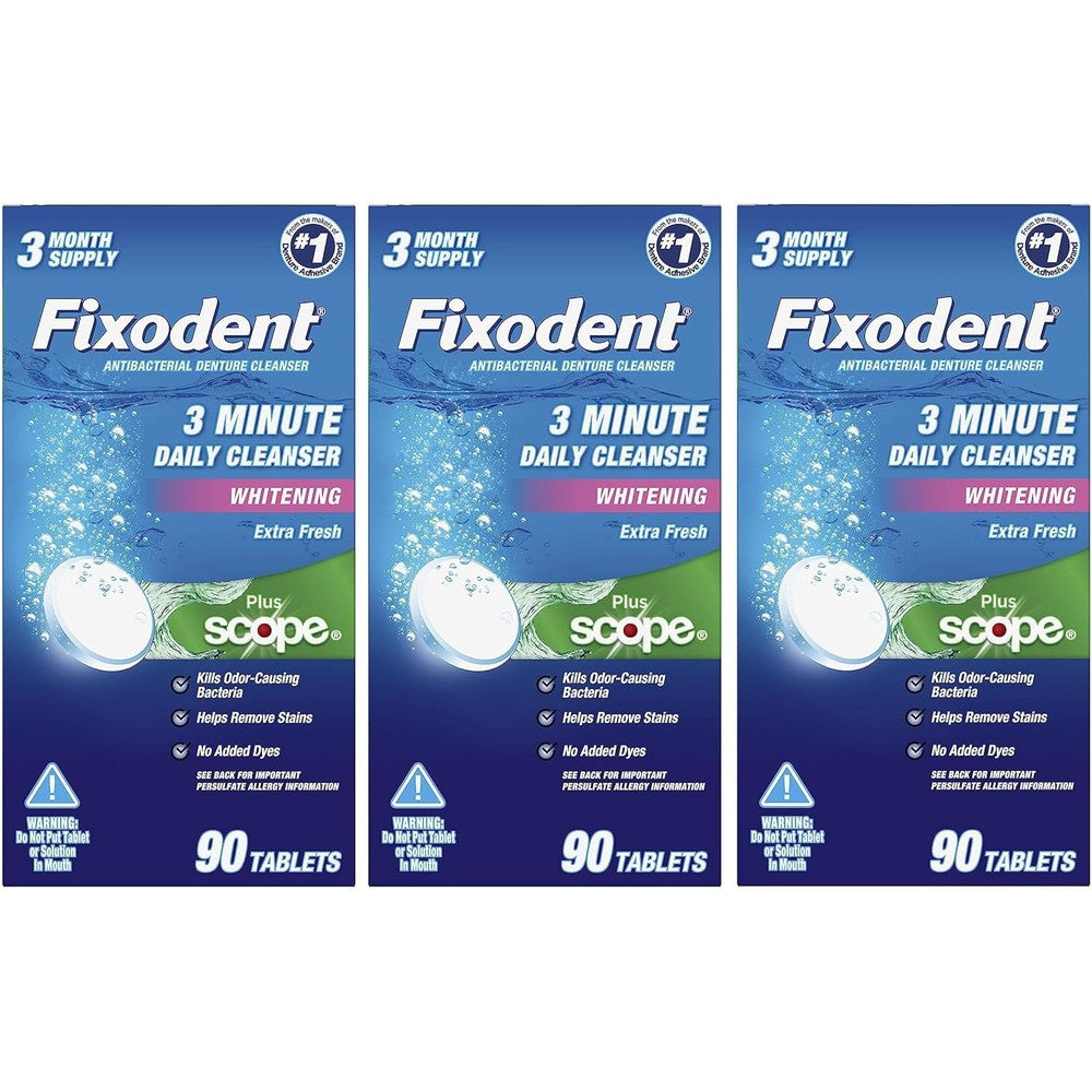 Fixodent denture cleanser tablets with Scope for fresh clean dentures daily