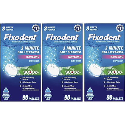 Fixodent denture cleanser tablets with Scope for fresh clean dentures daily