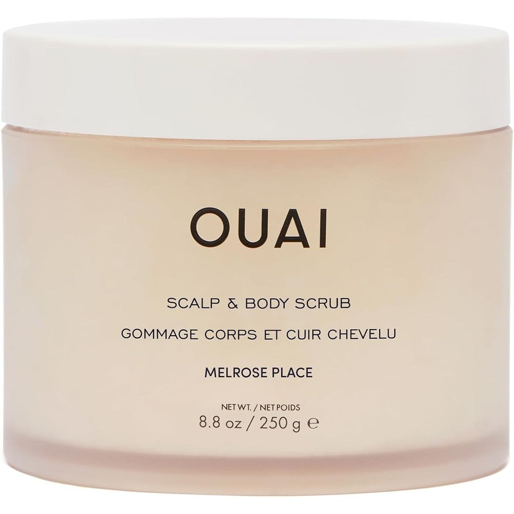 OUAI Scalp And Body Scrub front view featuring minimalist jar design