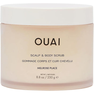 OUAI Scalp And Body Scrub front view featuring minimalist jar design