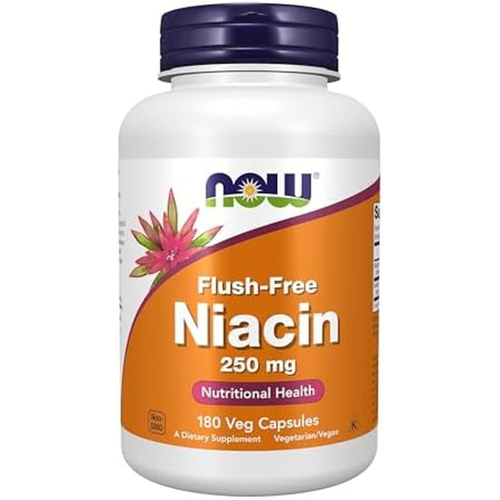 NOW Foods Flush Free Niacin 250 mg front view bottle for energy metabolism.