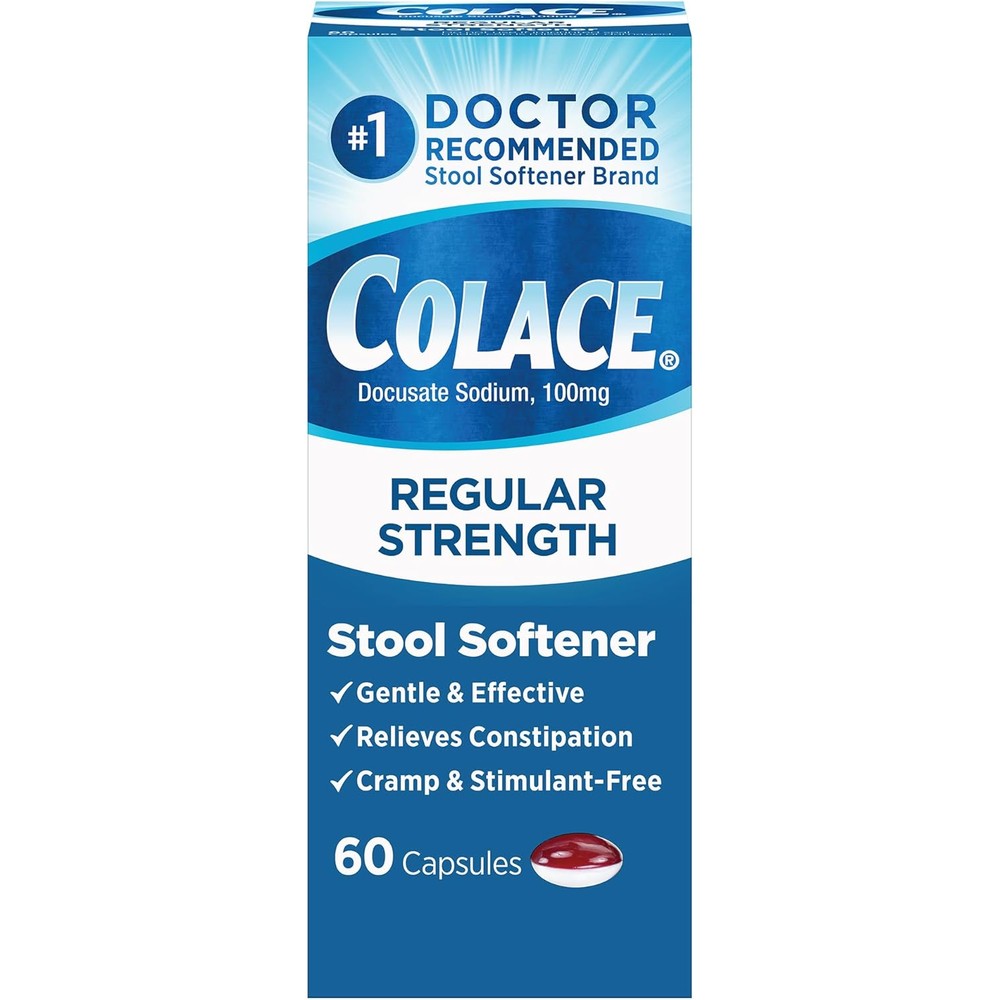 Colace Regular Strength Stool Softener 100mg 60 Capsules front view package for gentle constipation relief.