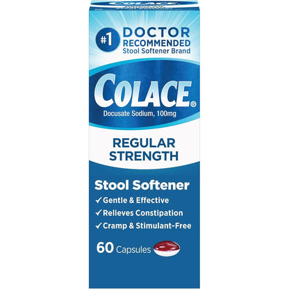 Colace Regular Strength Stool Softener 100mg 60 Capsules front view package for gentle constipation relief.