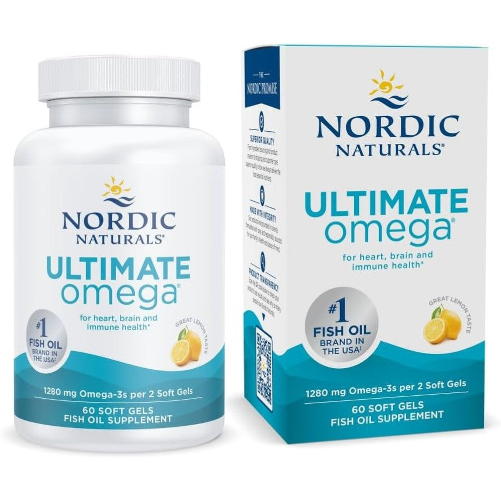 Nordic Naturals Ultimate Omega Three Fish Oil Supplement With Eicosapentaenoic Acid And Docosahexaenoic Acid Lemon Flavour Sixty Softgels
